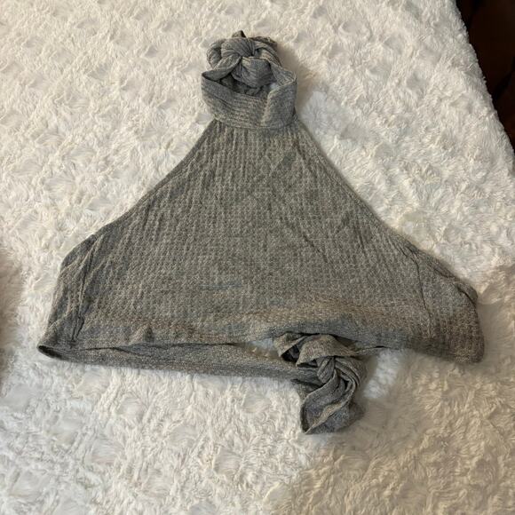 Blue Blush Grey Halter Tie Back Crop Top Made in USA Medium Waffle Knit - Picture 1 of 6